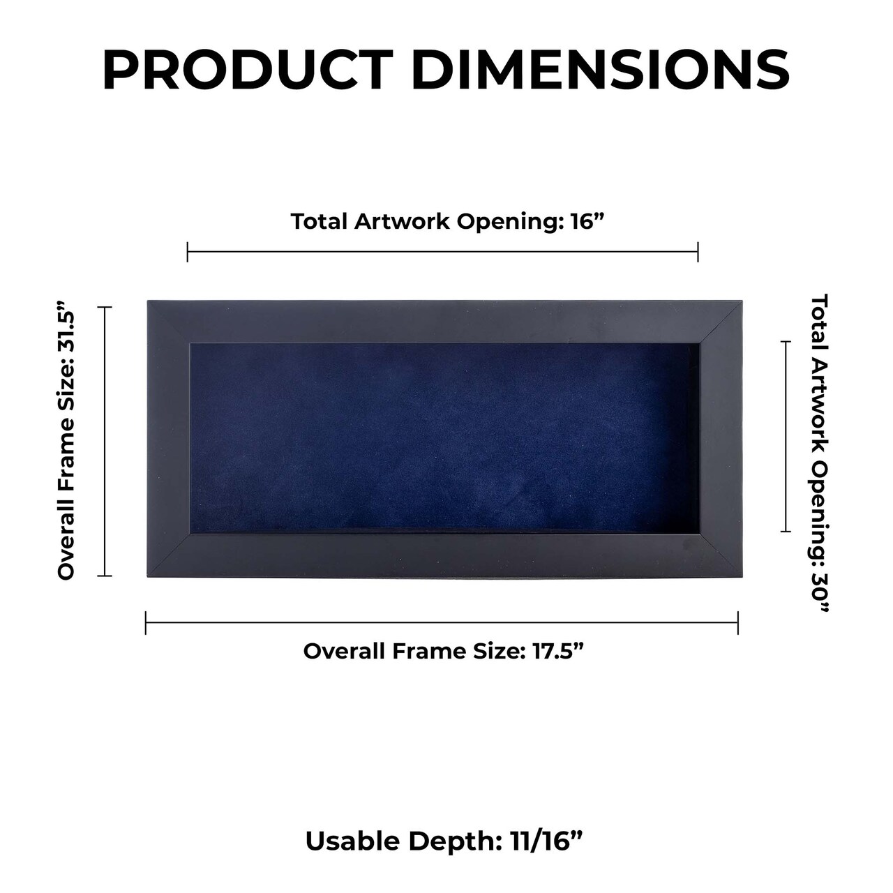 Classic Black Wood Shadown Box Frame with Acrylic Front - Navy Blue Suede Backing, 30 Sizes